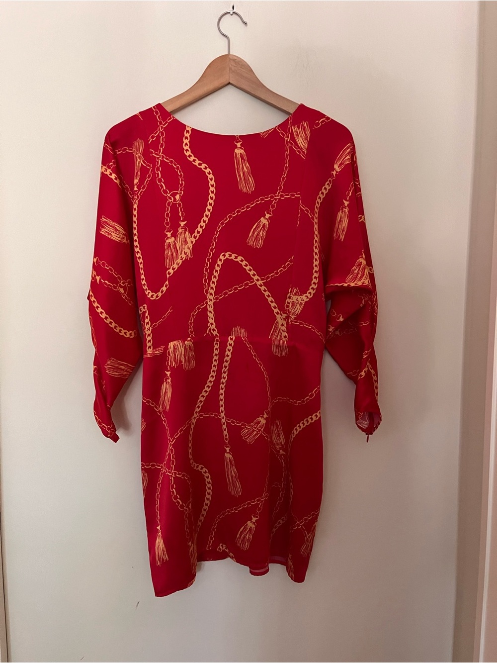 Guess by Marciano 100% Silk Chain/Tassel Scarf Print Dress Red Gold S